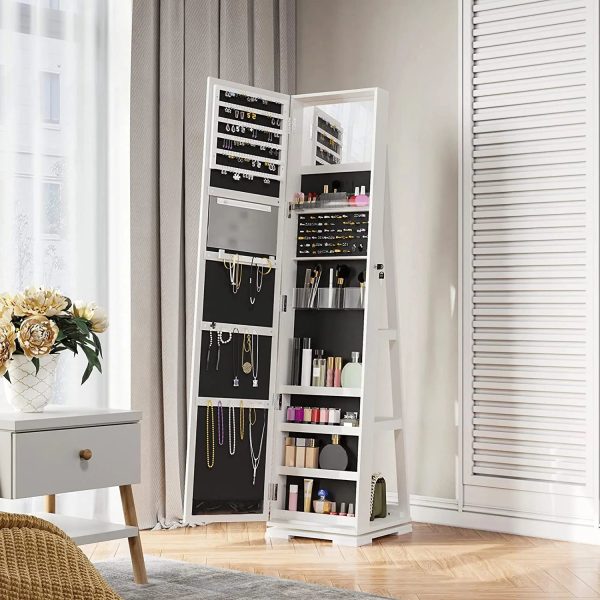 Dextrus 360° Swivel Jewelry Cabinet, Lockable Standing Jewelry Armoire with Full-Length Mirror, Rear Storage Shelves, White - Image 9