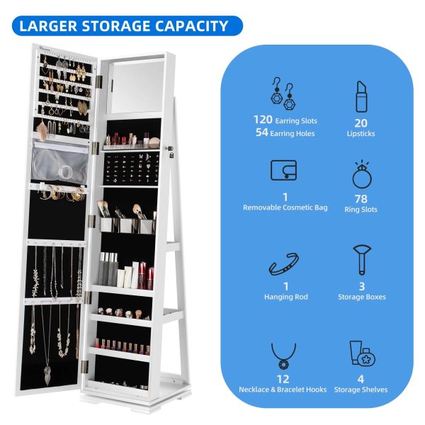 Dextrus Mirror Jewelry Cabinet 360° Rotating Jewelry Armoire Storage Box w/ Full Length Mirror Jewelry Organizer - White - Image 6