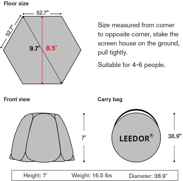 Leedor Screen House Tent Instant Room Shelter Gazebos for Patios Outdoor Canopy 10'x10' Gray - Image 2