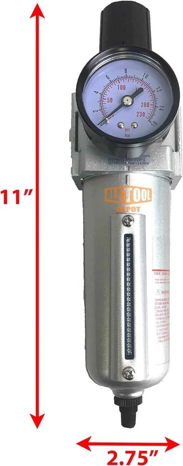 NPT HEAVY DUTY Compressed Air In Line Filter Regulator Combo Piggyback, Metal Bowl, 5 Micron , Adjustable From 7 To 175 PSI (AUTO DRAIN) - Image 2