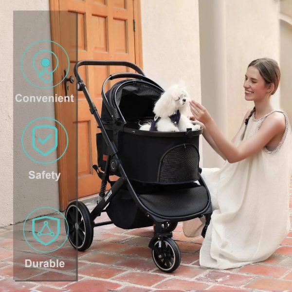 SWITTE Pet Stroller Foldable Dog & Cat Stroller 3-in-1 4 Wheels Travel Jogger, Black - Image 5