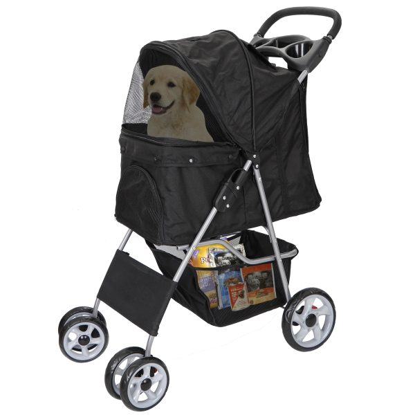 HomGarden 4 Wheel Pet Dog Stroller Foldable Carrier Strolling Cart for Small Dog Cat W/Storage Basket & Cup Holder, Black - Image 11