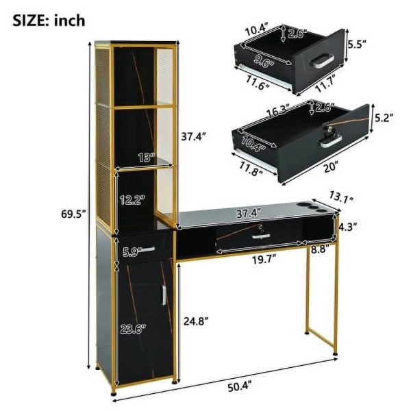 Barber Salon Station for Hair Stylist,Beauty Salon Station with Lockable Drawer, Left Shelf and Storage Cabinet, Beauty Spa Equipment, Mirror not Included,Black - Image 6