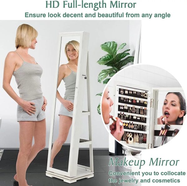 Dextrus 360° Swivel Jewelry Cabinet, Lockable Standing Jewelry Armoire with Full-Length Mirror, Rear Storage Shelves, White - Image 7