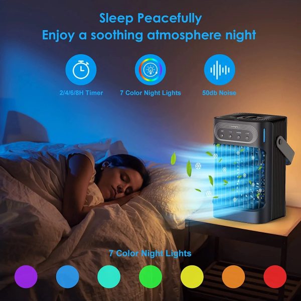 Portable Air Conditioners Cooling Fan – VICELEC Evaporative Mini Air Conditioner Portable with 3 Cool Mist & 3 Speeds, 7 Night Light & 2-8H Timer, Personal Air Cooler for Bedroom Office Camping - Image 5