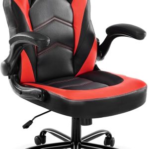 Ergonomic Computer Gaming Chair - Home Office Desk with PU Leather Lumbar Support, Height Adjustable Big and Tall Video Game with Flip-up Armrest, Swivel Wheels for Adults and Teens