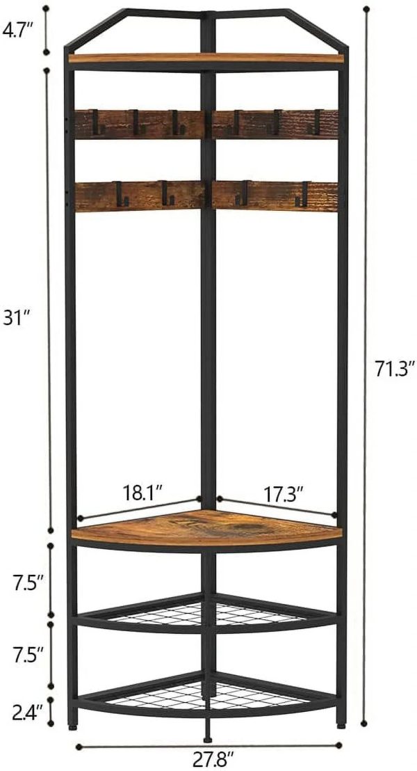 HBROLJF Corner Hall Tree with Shoe Bench Entryway Coat Rack with 10 Metal Movable Hooks Freestanding Shoes Organizer for Home Office Bedroom (Rustic Brown) - Image 5