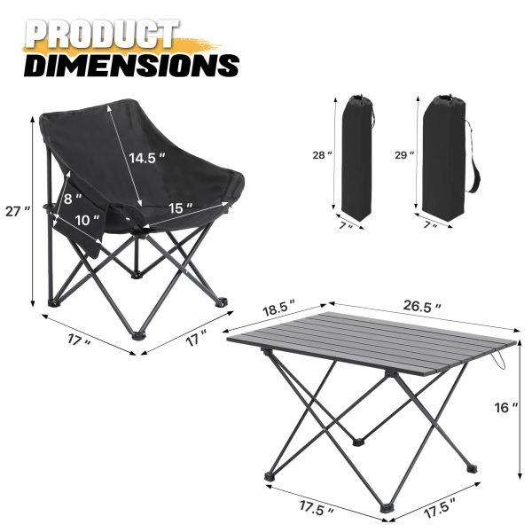 MADOG Folding Table and Chairs Set, Set of 3 Outdoor Camping Picnic Chairs and Table with Fold Up Tabletop, Pockets and Carry Bag, Black - Image 4