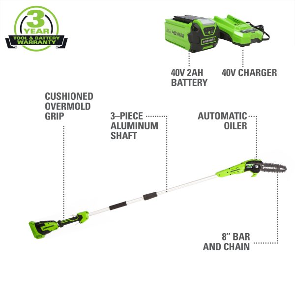 Greenworks 40V 8" Cordless Pole Saw with 2.0 Ah Battery and Charger， 1403702 - Image 2