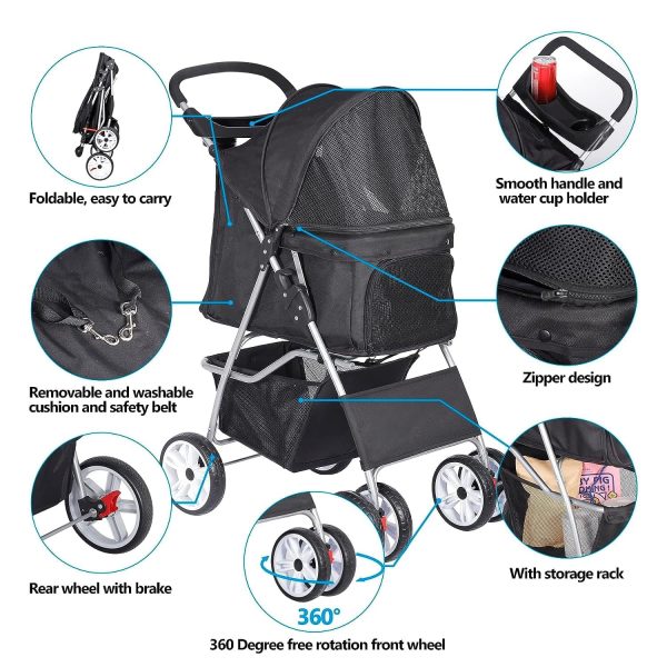 Foldable Pet Stroller, Cat/Dog Stroller with 4 Wheel, Pet Travel Carrier Strolling Cart with Storage Basket, Cup Holder, Black - Image 7