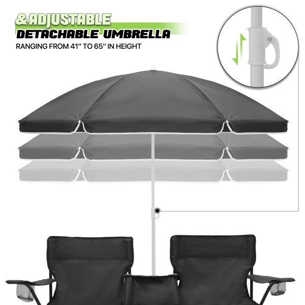 Magshion Portable Double Folding Chair with Removable Umbrella, Cooler Bag & Carry Bag, for Beach Camping Picnic, Black - Image 7