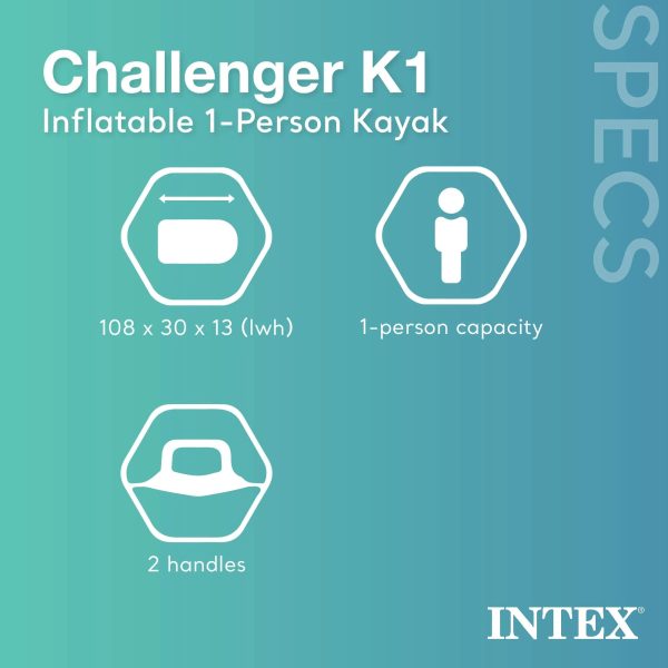 Intex Challenger K1 Single Person Inflatable Fishing Kayak Set Accessory Kit Oars & Pump - Image 2