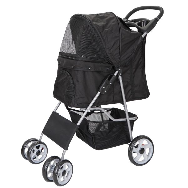 HomGarden 4 Wheel Pet Dog Stroller Foldable Carrier Strolling Cart for Small Dog Cat W/Storage Basket & Cup Holder, Black - Image 4