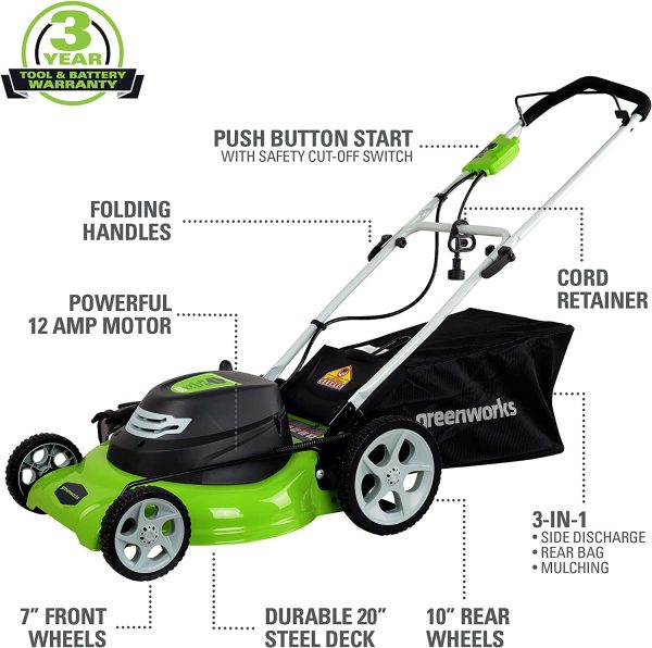 Greenworks 12 Amp 20-Inch 3-in-1Electric Corded Lawn Mower， 25022 - Image 2