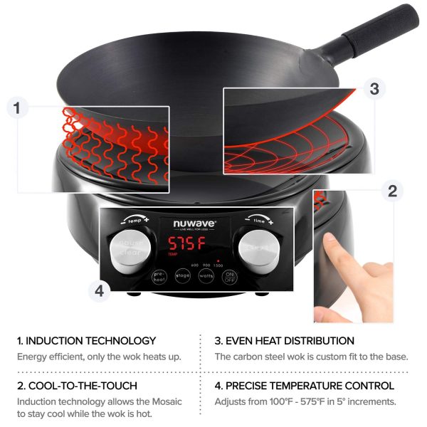 Nuwave Mosaic Induction Wok, Precise Temp Controls from 100u00b0F to 575u00b0F in 5u00b0F, Wok Hei, Infuse Complex Charred Aroma & Flavor, 3 Watts 600, 900 & 1500, Authentic 14-inch Carbon Steel Wok Included - Image 3