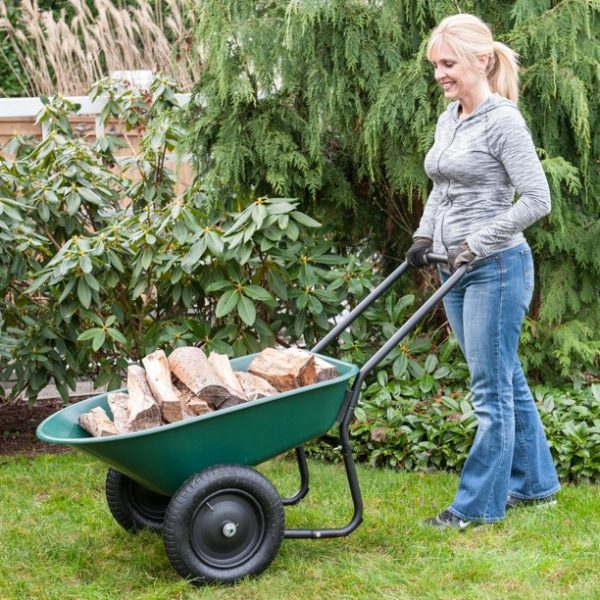 Garden Star Dual Wheel， Poly Tray Yard Rover Wheelbarrow， Green - Image 3