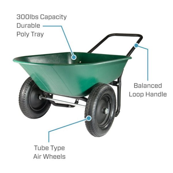 Garden Star Dual Wheel， Poly Tray Yard Rover Wheelbarrow， Green - Image 2