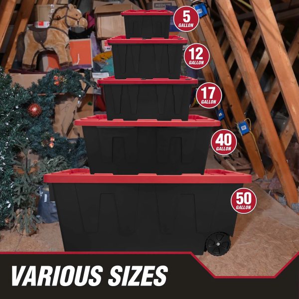 Hyper Tough 50 Gallon Snap Lid Wheeled Plastic Storage Bin Container, Black with Red Lid - Image 5