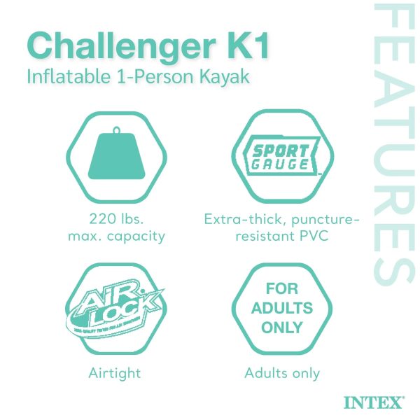 Intex Challenger K1 Single Person Inflatable Fishing Kayak Set Accessory Kit Oars & Pump - Image 3
