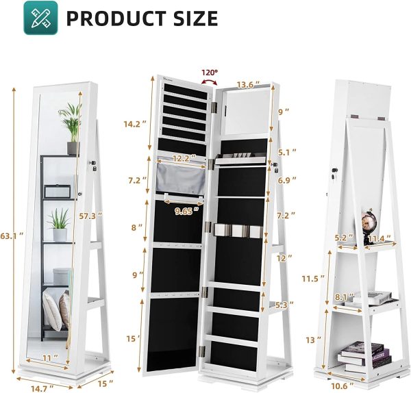 Dextrus 360° Swivel Jewelry Cabinet, Lockable Standing Jewelry Armoire with Full-Length Mirror, Rear Storage Shelves, White - Image 3