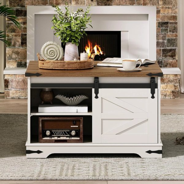 HOOBRO Farmhouse Coffee Table for Living Room with Single Sliding Barn Door Lift Top and Hidden Space White and Walnut WH80KF01 - Image 7