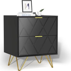 RSJIWOGZ Black Nightstand with 2 Drawers 17.7" W Modern Small End with Gold Handle & Cute Nightstand for Small Space Bedroom and Living Room Black