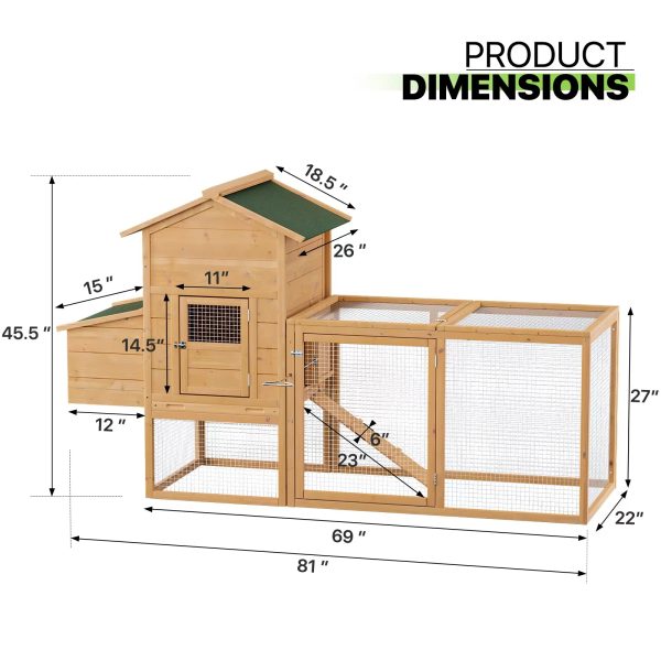 Magshion Outdoor Chicken Coop with Nesting Box, 80 inch Wooden Rabbit Hutch Poultry House with Run Cage, Slide-Out Tray and Waterproof Roof for Garden Backyard, Natural - Image 7