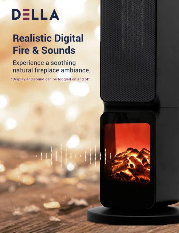 DELLA 26" 1500W PTC Fast and Quiet Ceramic Portable Electric Space Heaters with Realistic 3D Flame & Fire Crackling Sound, 3 Modes, Eco, LED Display, Remote, Safety Indoor Room Tower Heater Fan, Black - Image 7