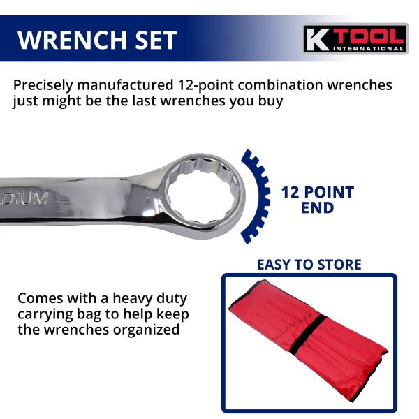 K Tool International 41803 Metric Combination Wrench Set for Garages, Repair Shops, and DIY, Chrome Plated, 12-point, Laser Engraved, Corrosion/Rust Resistant, 8-32mm Wrenches, 23-slot Sleeve - Image 9
