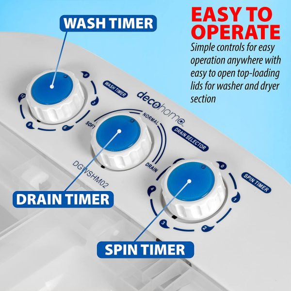 Home Compact Washing Machine with Twin Tub for Wash and Spin Dry, Portable, Built-in Gravity Drainage System, Agitation Wash Cycles, Use Less Soap and Water, for Dorms, Apartments, RVs - Image 3
