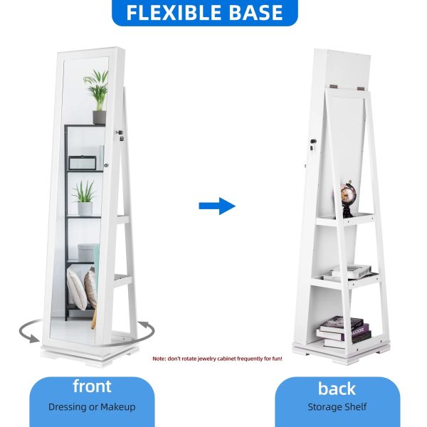 Dextrus Mirror Jewelry Cabinet 360° Rotating Jewelry Armoire Storage Box w/ Full Length Mirror Jewelry Organizer - White - Image 5