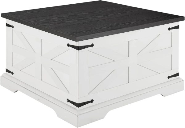 Farmhouse Coffee Table, Square Cocktail Table with Hidden Storage, Barn Panel Design and Hinged Lift Top, Center Table Decorated with Retro-Styled Metal Accents, White - Image 4