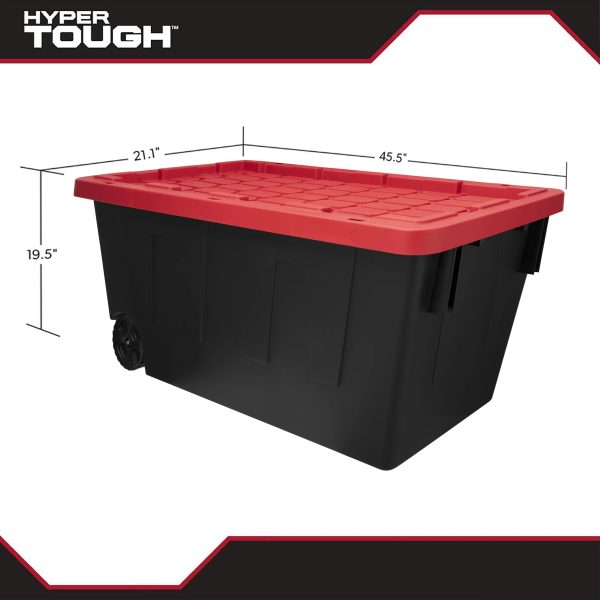 Hyper Tough 50 Gallon Snap Lid Wheeled Plastic Storage Bin Container, Black with Red Lid - Image 2