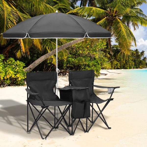 Magshion Portable Double Folding Chair with Removable Umbrella, Cooler Bag & Carry Bag, for Beach Camping Picnic, Black - Image 5