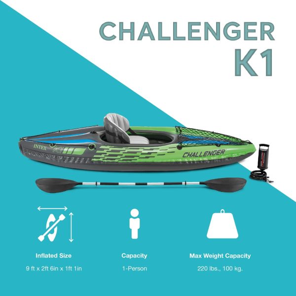 Intex Challenger K1 Single Person Inflatable Fishing Kayak Set Accessory Kit Oars & Pump - Image 7