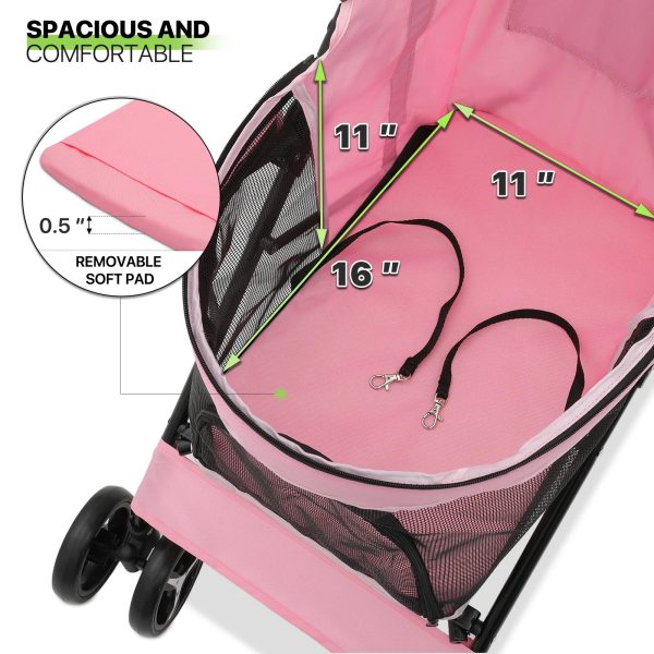 Magshion 4 Wheel Foldable Lightweight Dog Stroller for Small Medium Dogs, Pet Stroller, (Pink) - Image 6