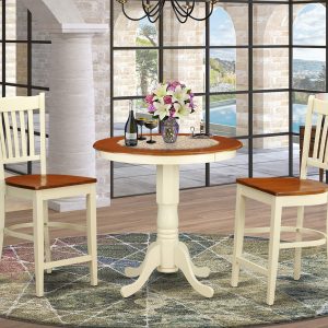 East West Furniture EDGR3-WHI-W Eden 3 Piece Kitchen Counter Set for Small Spaces Contains a Round Room Table with Pedestal and 2 Dining Chairs, 30x30 Inch, Buttermilk & Cherry