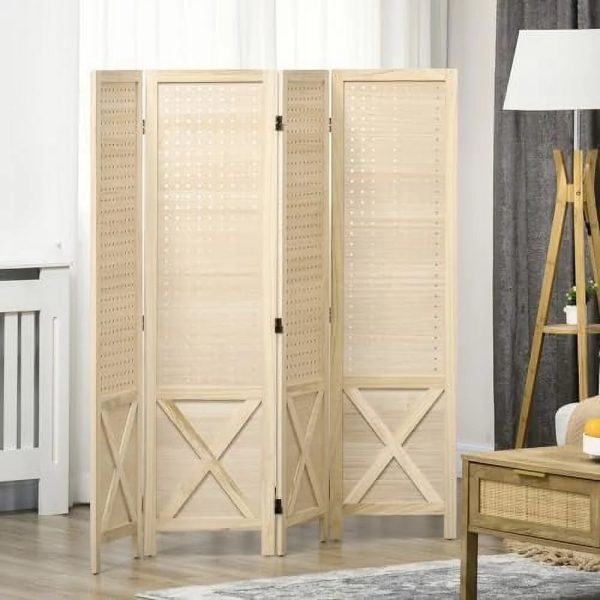 CHFBC 4 Panel Pegboard Display Room Divider 4.7' Tall Wood Indoor Portable Folding Privacy Screen Partition Wall Divider for Home Office Natural - Image 2