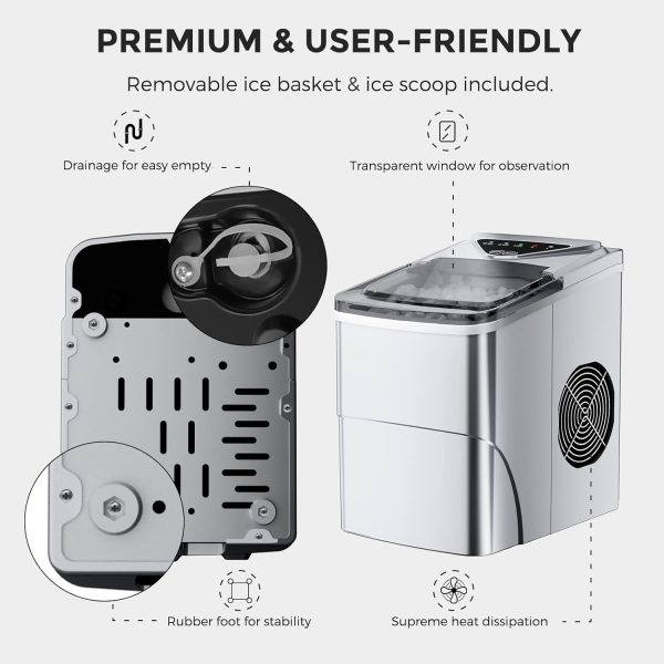 Ice Makers Countertop, Self-Cleaning Function, Portable Electric Ice Cube Maker Machine, 9 Bullet Ice Ready in 6 Mins, 26lbs 24Hrs with Ice Bags and Ice Scoop Basket for Home Bar Camping RV(Silver) - Image 8