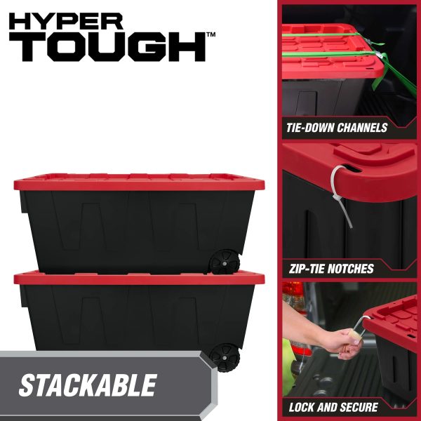 Hyper Tough 50 Gallon Snap Lid Wheeled Plastic Storage Bin Container, Black with Red Lid - Image 4