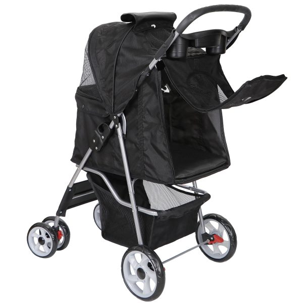 HomGarden 4 Wheel Pet Dog Stroller Foldable Carrier Strolling Cart for Small Dog Cat W/Storage Basket & Cup Holder, Black - Image 7