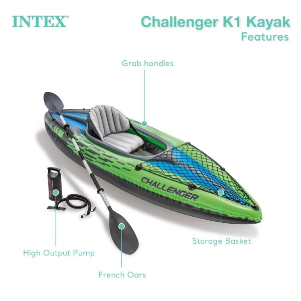 Intex Challenger K1 Single Person Inflatable Fishing Kayak Set Accessory Kit Oars & Pump - Image 5