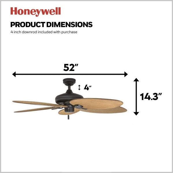 Honeywell Palm Valley 52" Bronze Tropical Ceiling Fan with 5 Palm Blades, 4 Arm Light Kit, Pull Chains & Reverse Airflow - Image 2