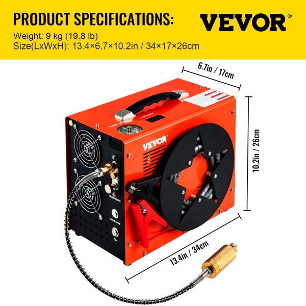 VEVORbrand PCP Air Compressor,4500PSI Portable PCP Compressor,12V DC 110V/220V AC PCP Airgun Compressor Auto-stop,with Built-in Adapter,Fan Cooling,Wire Spool Suitable for Paintball,Scuba,Air Rifle - Image 7