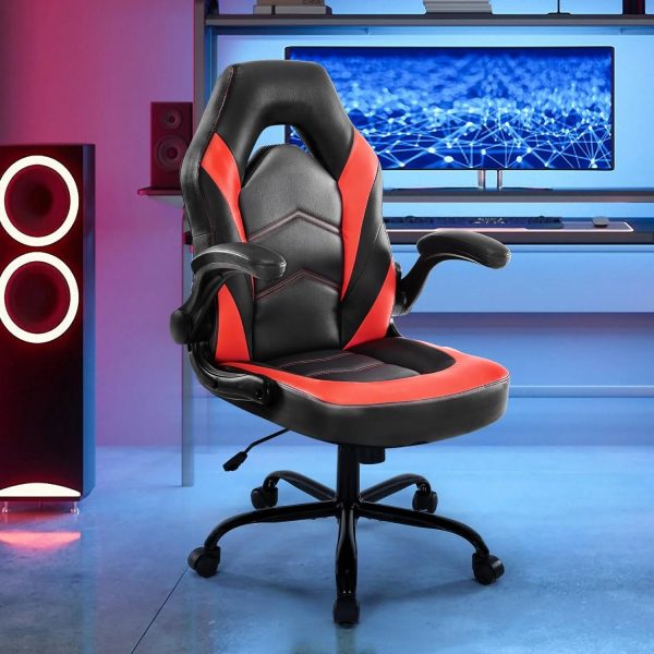 Ergonomic Computer Gaming Chair - Home Office Desk with PU Leather Lumbar Support, Height Adjustable Big and Tall Video Game with Flip-up Armrest, Swivel Wheels for Adults and Teens - Image 6
