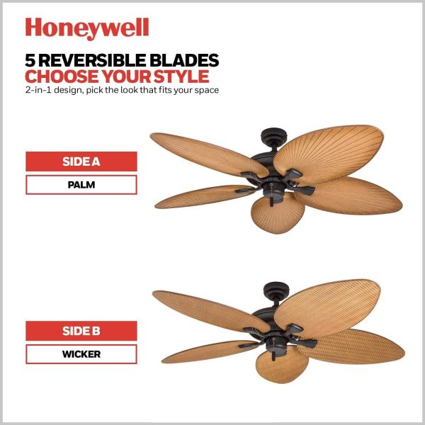 Honeywell Palm Valley 52" Bronze Tropical Ceiling Fan with 5 Palm Blades, 4 Arm Light Kit, Pull Chains & Reverse Airflow - Image 7