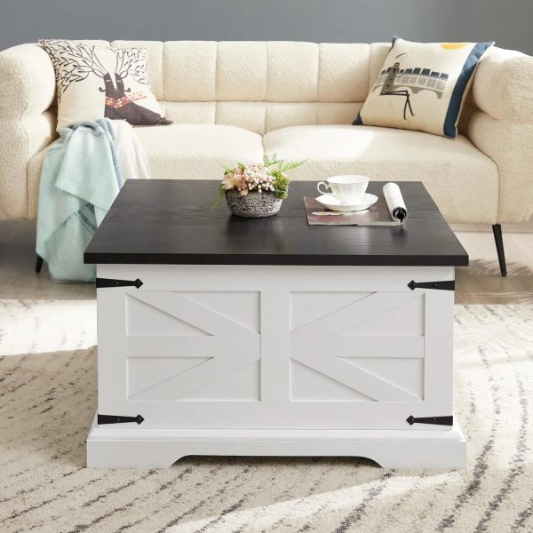 Farmhouse Coffee Table, Square Cocktail Table with Hidden Storage, Barn Panel Design and Hinged Lift Top, Center Table Decorated with Retro-Styled Metal Accents, White - Image 7
