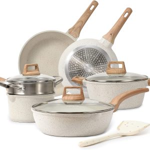 CAROTE C01520 Pots and Pans Set Nonstick， White Granite Induction Kitchen Cookware Sets， 10 Pcs Non Stick Cooking Set w/ Frying Pans and Saucepans(PFOS ， PFOA Free)