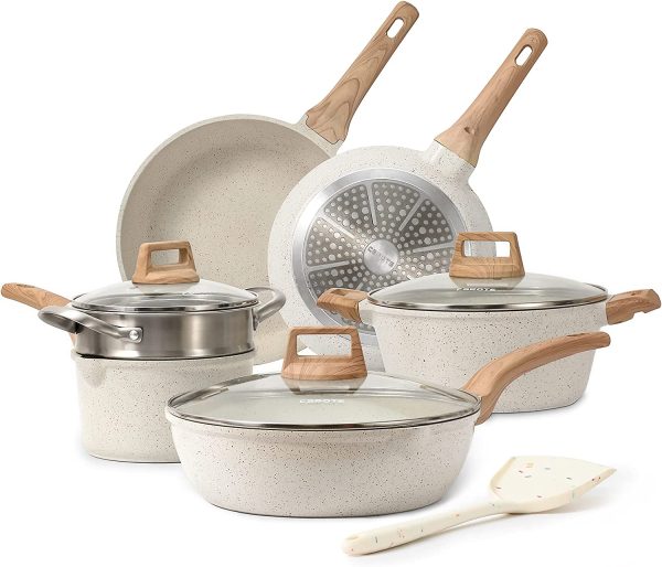 CAROTE C01520 Pots and Pans Set Nonstick， White Granite Induction Kitchen Cookware Sets， 10 Pcs Non Stick Cooking Set w/ Frying Pans and Saucepans(PFOS ， PFOA Free)