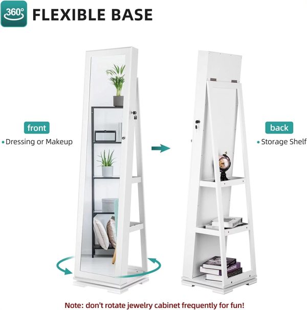 Dextrus 360° Swivel Jewelry Cabinet, Lockable Standing Jewelry Armoire with Full-Length Mirror, Rear Storage Shelves, White - Image 4